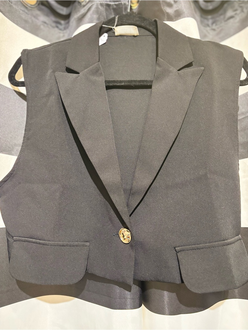 Cropped Black Tailored Vest with Decorative Gold Button